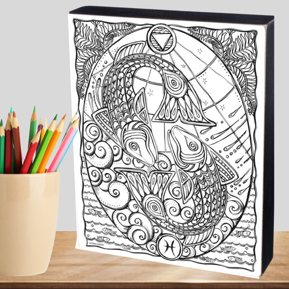 Primitives by Kathy Black and White Pisces Fish Coloring Canvas
